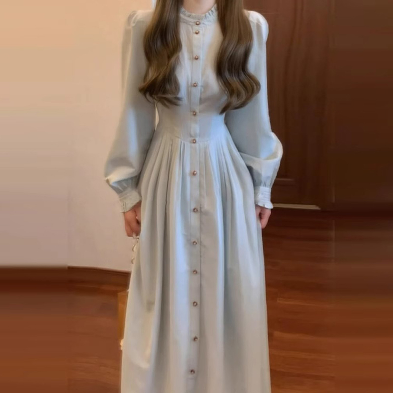 蓝色长袖衬衫连衣裙子女2025新款韩系穿搭感收腰长裙