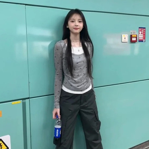 灰色短袖假两件长袖t恤女初秋结印花修身显瘦收腰打底衫内搭上衣