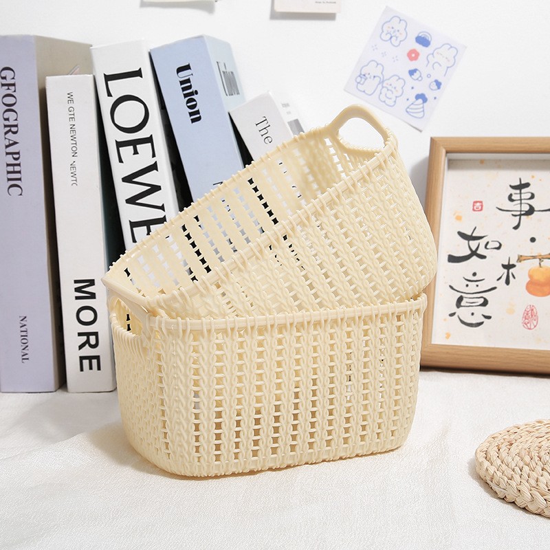 收纳筐塑料仿编织手提篮 桌面杂物摆放编织手提筐 洗澡杂物收纳蓝