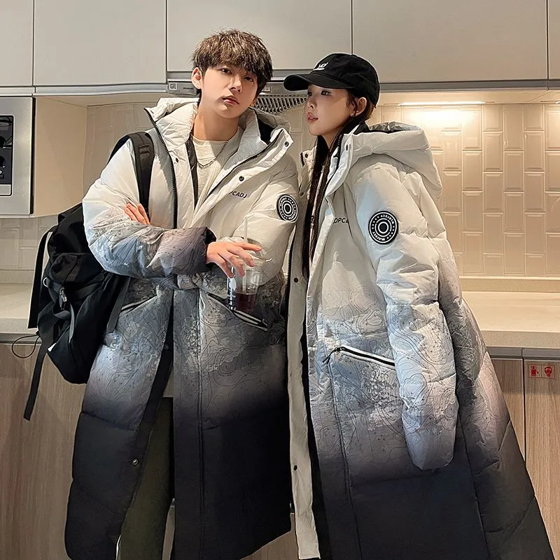 新款冬季羽绒服男女中长款2024过膝渐变潮流加厚情侣保暖外套