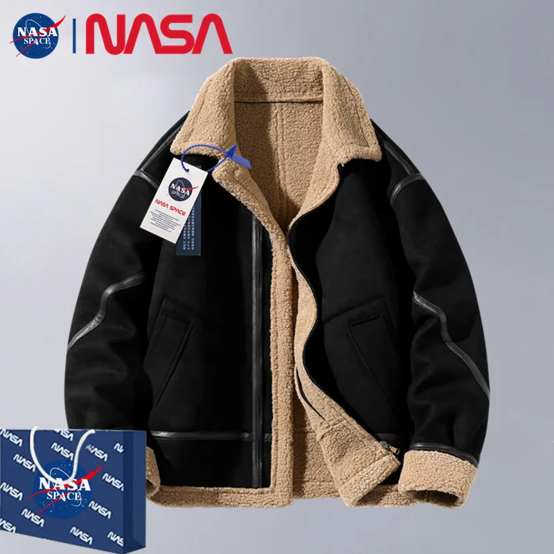 NASA麂皮绒棉衣男秋冬季加绒加厚棉服皮毛一体绒棉袄羊羔绒外套男