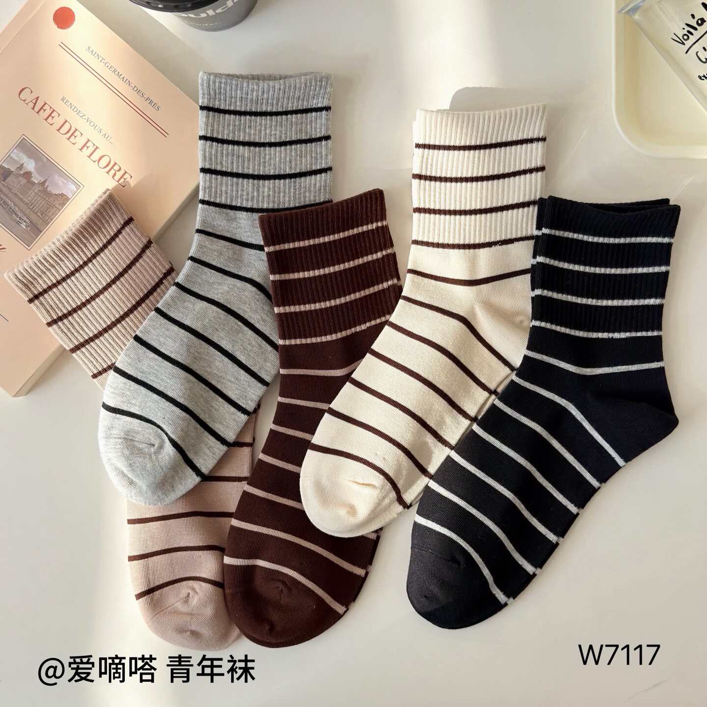 袜子女款春秋条纹棉袜运动中筒袜ins潮袜时尚抗起球秋冬季长袜棉