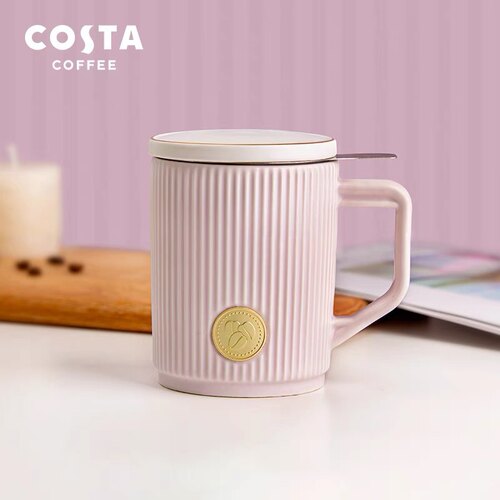 Costa紫色马克杯杯子陶瓷带盖水杯女男办公室茶杯茶水分离泡茶杯