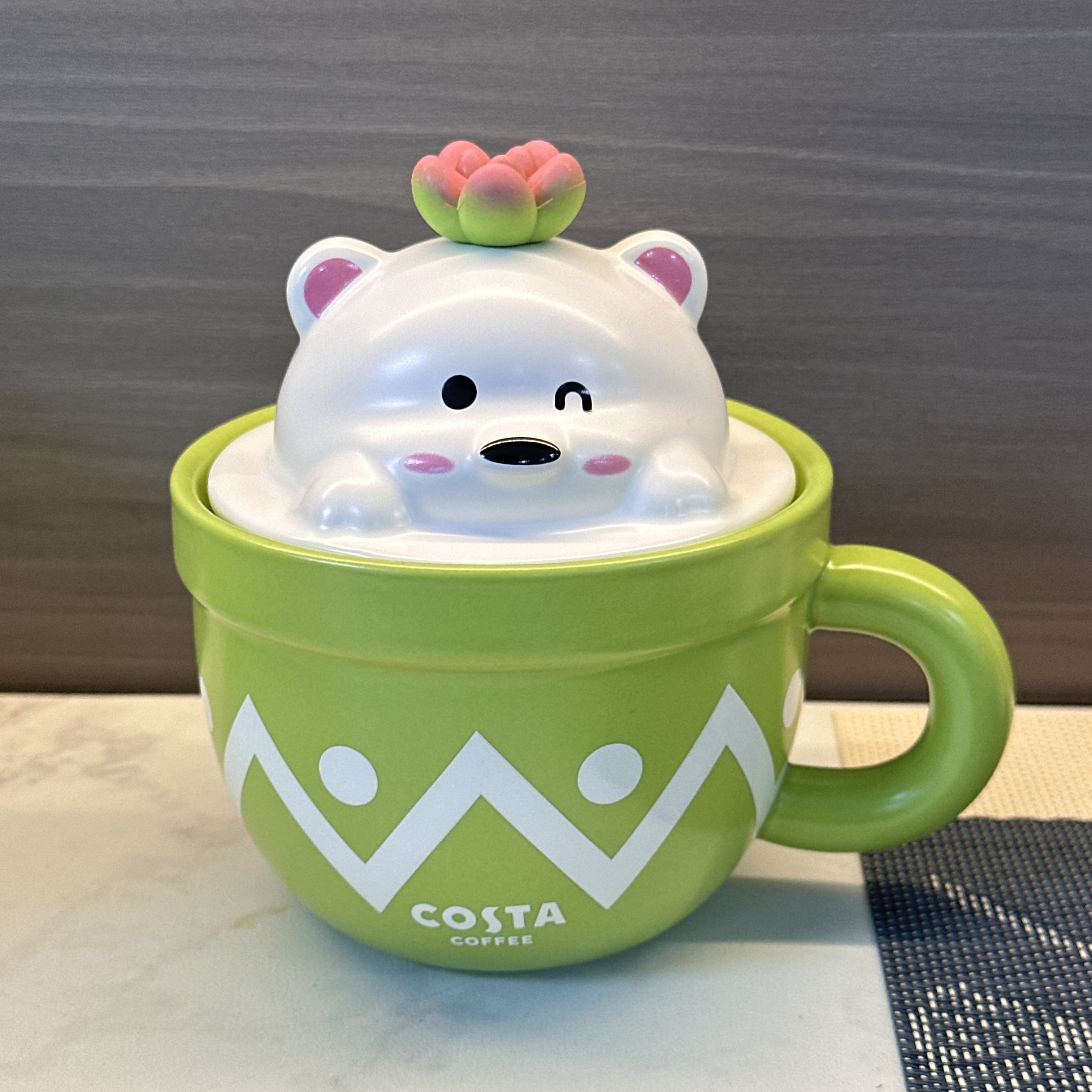 COSTA多肉熊马克杯绿色陶瓷配硅胶盖可爱小熊造型带盖马克杯绝版