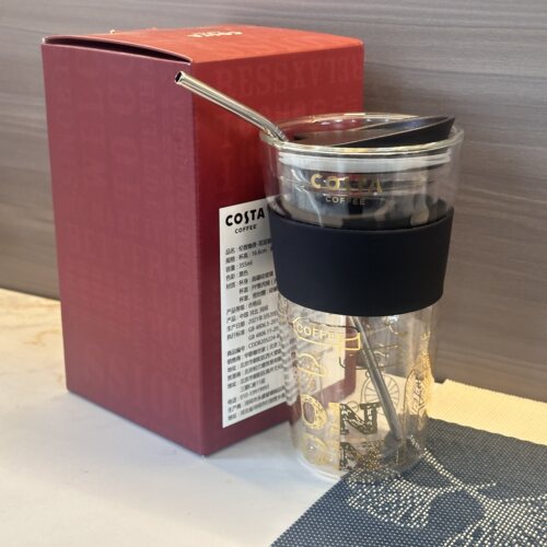 COSTA伦敦咖啡杯355ml双层玻璃杯咖啡杯耐高温水杯高颜值吸管杯