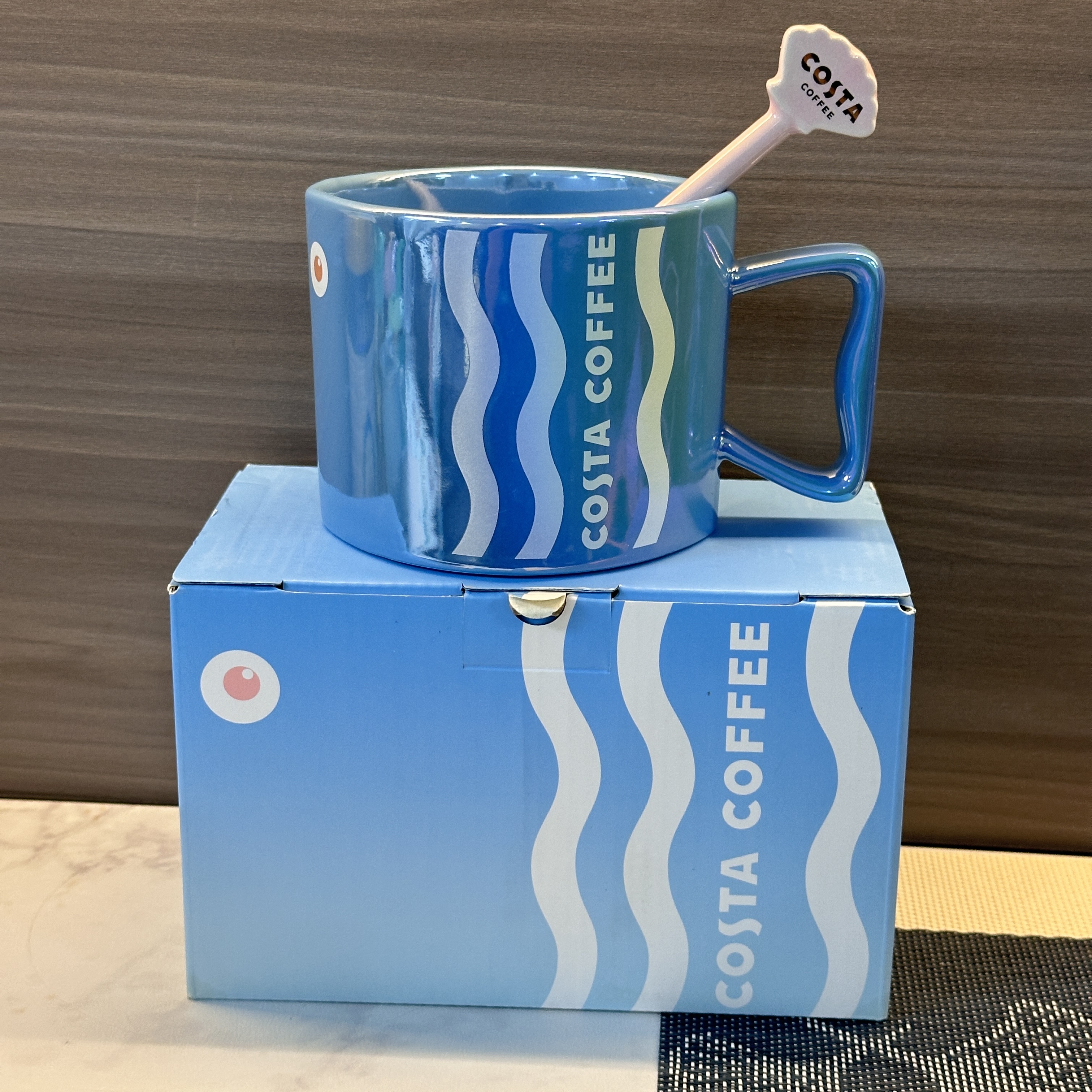 清仓Costa小鱼咖啡杯蓝色渐变波浪带礼盒带搅拌棒可爱高颜值绝版