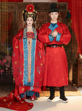 卿如故原创汉服唐制婚服喜服诃子裙拖尾大衫绣花男女套装红色套装