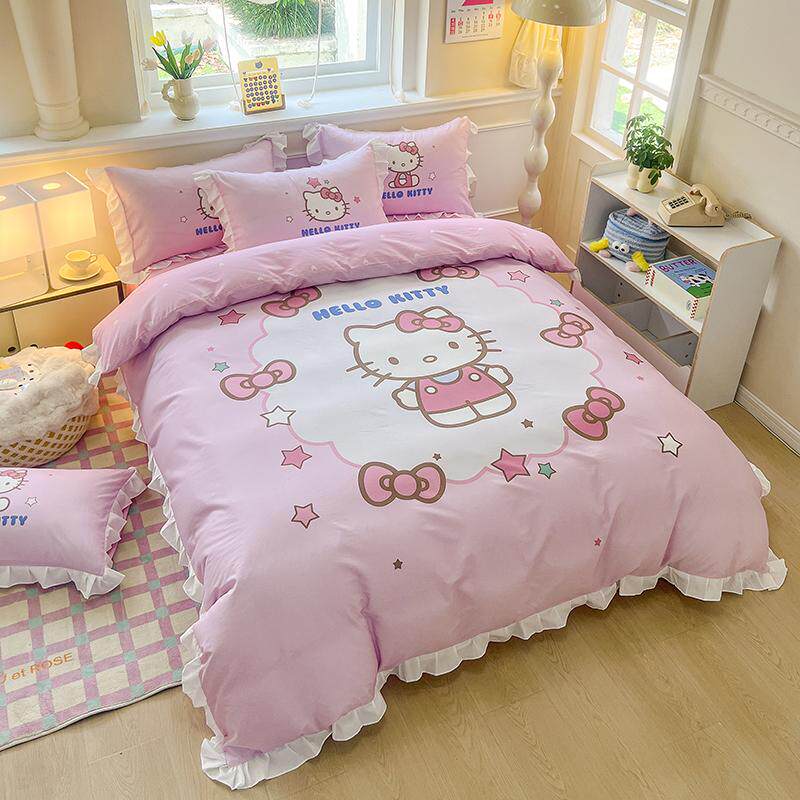 可爱少女心KT猫床裙四件套纯棉全棉床笠儿童卡通床单三件套被套罩