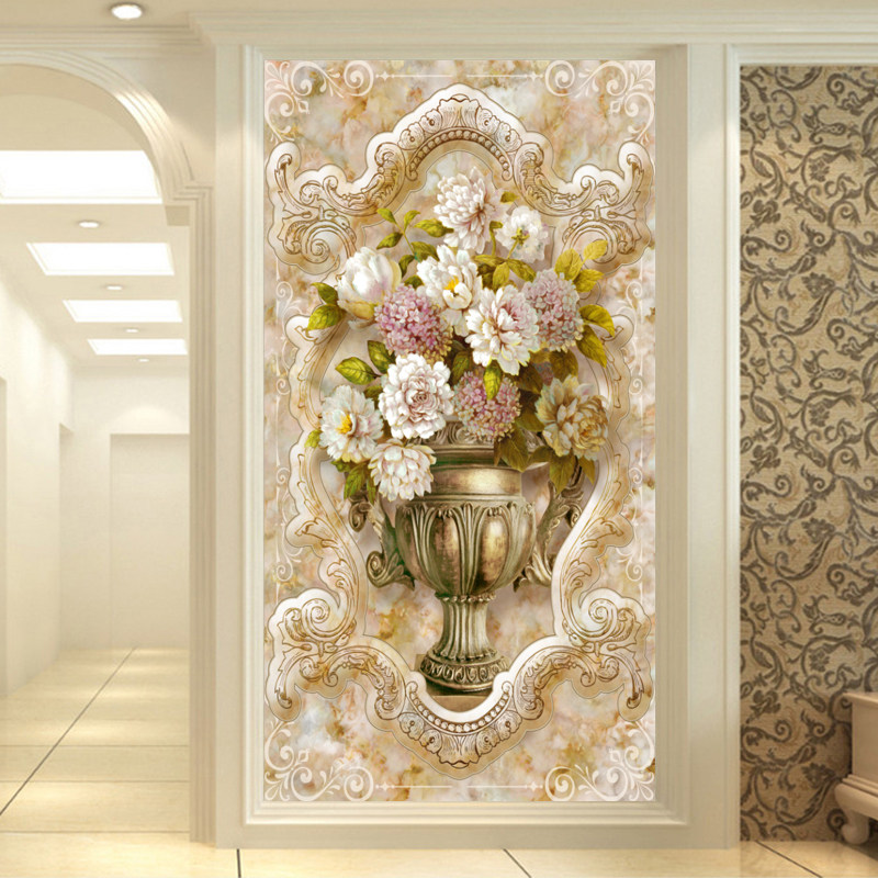 简欧立体进门墙纸布欧式玄关壁画客厅花卉花瓶背景墙过道走廊壁纸