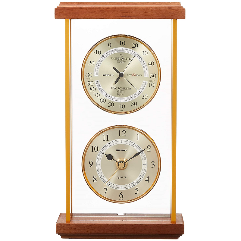 日本进口制造EMPEX温度计湿度高精度座钟家用气压计金属实木挂钟