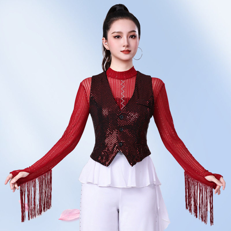 新款亮片马夹女时尚显瘦高档跳舞马甲坎肩外搭洋气无袖广场舞衣服
