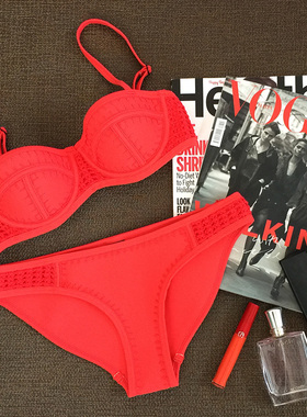 比基尼聚拢性感带钢托欧美沙滩潜水度假刺绣红色大小胸分体泳衣女