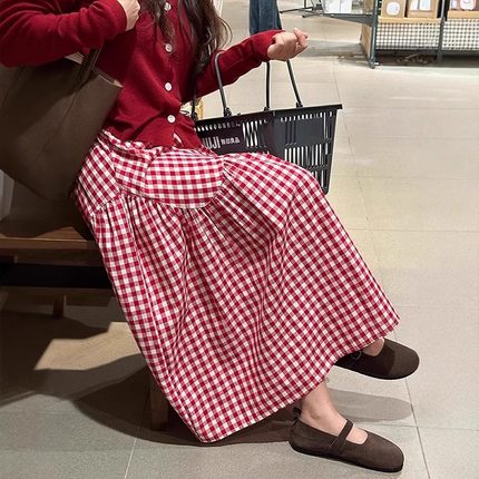 红色格子半身裙女夏季新款裙子大码胖mm显瘦中长款a字裙大摆伞裙