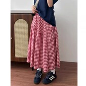 200斤红色格子半身裙女大码 胖mm梨型身材遮胯显瘦遮肚拼接a字裙子