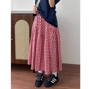 200斤红色格子半身裙女大码 胖mm梨型身材遮胯显瘦遮肚拼接a字裙子