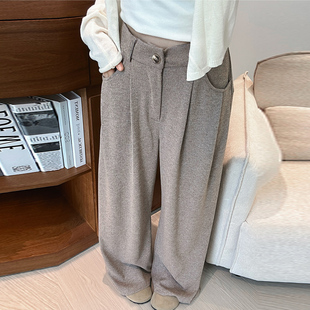 胖mm200斤直筒高腰宽松显瘦垂感阔腿休闲裤 女秋季 裤 咖色糯米西装