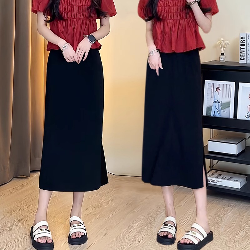 黑色半身裙女夏季新款裙子大码胖mm显瘦遮胯开叉中长款a字包臀裙