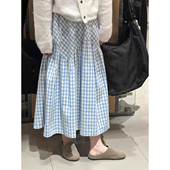 特大码 胖mm300斤拼接宽松显瘦大摆a字裙 baby蓝色格子半身裙春秋款