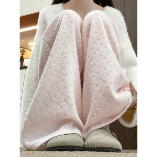 粉色糯米裤女秋冬胖mm200斤高腰宽松阔腿裤大码慵懒软糯针织长裤
