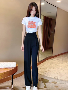 网红爆款时尚套装女2023夏季新款撞色荷叶边显瘦短袖高腰阔腿裤潮