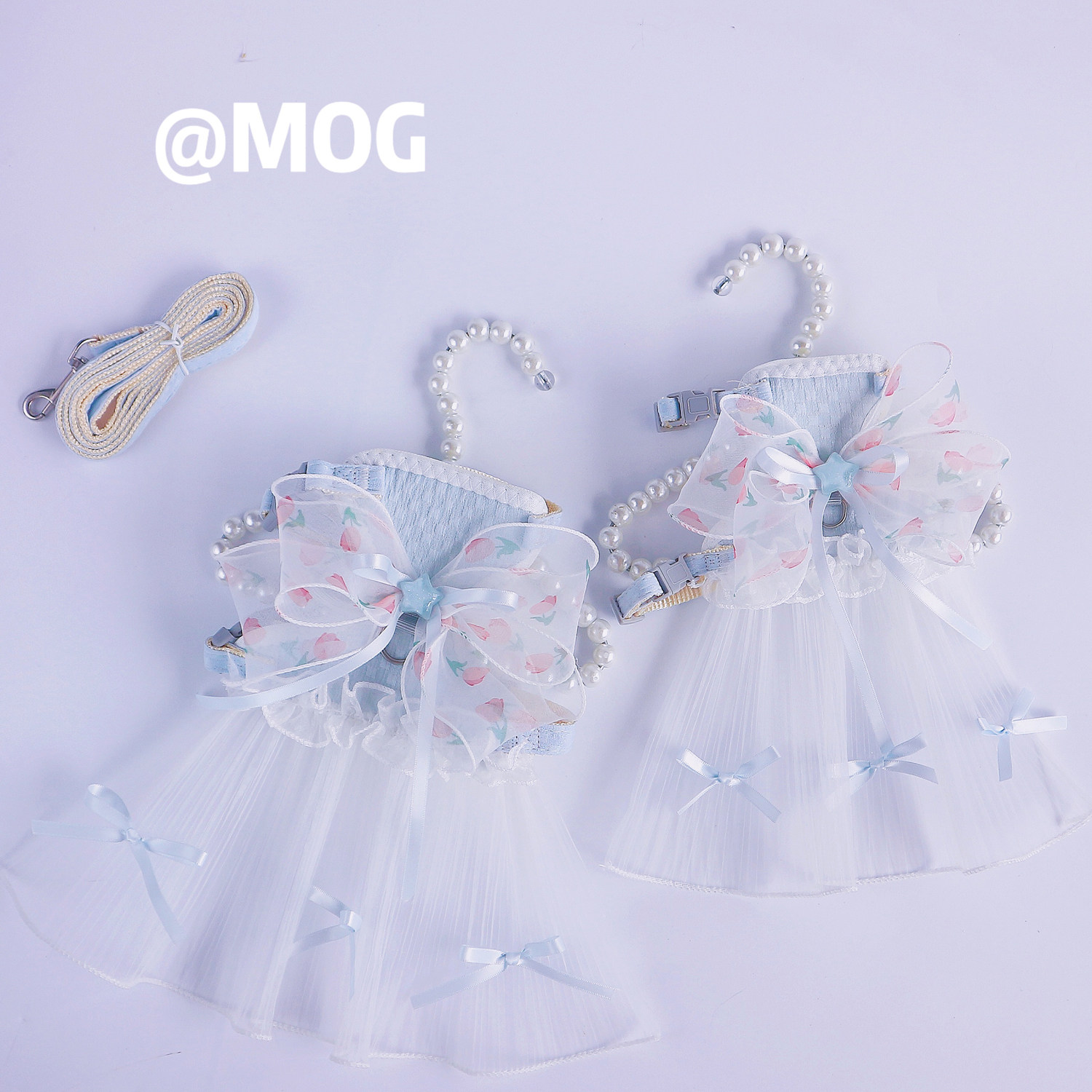 MOG 星蓝清新宠物纱裙猫咪狗狗小型犬牵引衣服溜猫绳婚纱夏日牵引