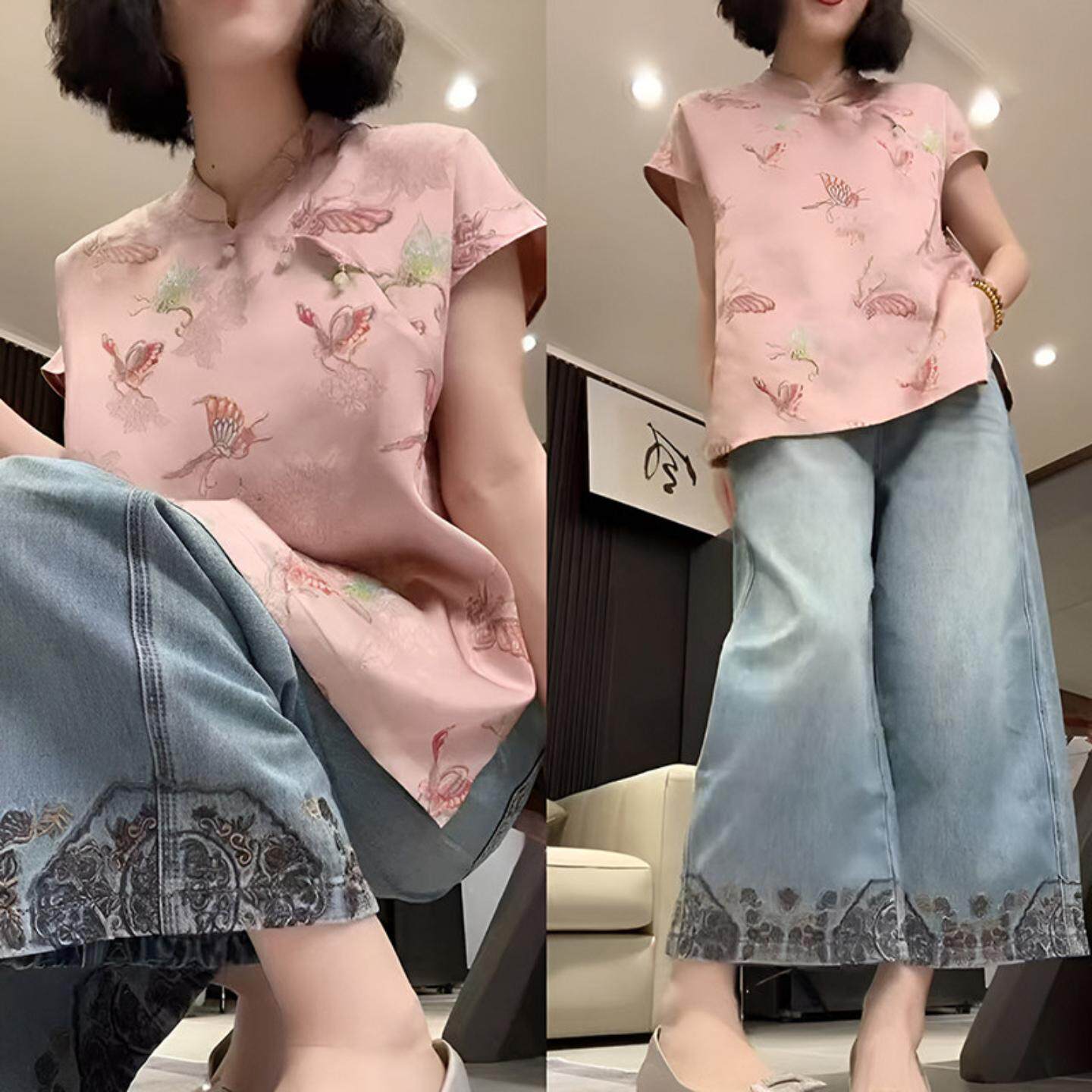 2025夏季粉色甜美时髦中式古典高级旗袍上衣蓝色刺绣直筒裤两件套