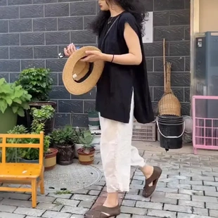 洋气宽松时尚显瘦2025夏季新款无袖宽松竖条纹上衣简约哈伦裤女潮