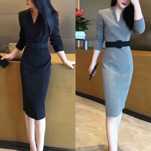 开叉连衣裙女秋季打底裙修身显瘦OL通勤职业装轻熟风西装裙子胖mm