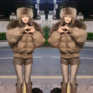 羽绒棉服女短款反季韩版减龄宽松超大貉子毛领加厚外套冬2025新款