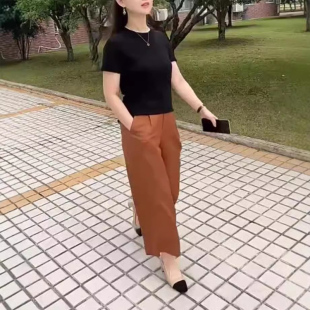 夏季新款韩版短袖圆领T恤女上衣+桔色九分裤宽松高腰休闲裤套装女