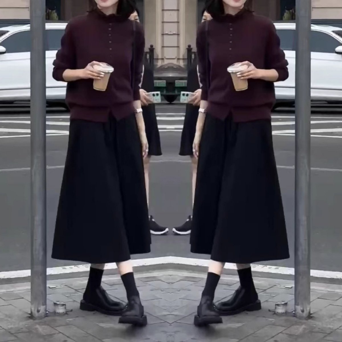 2025秋季大码女装胖mm高领上衣高腰半身裙两件套微胖妹妹显瘦套装