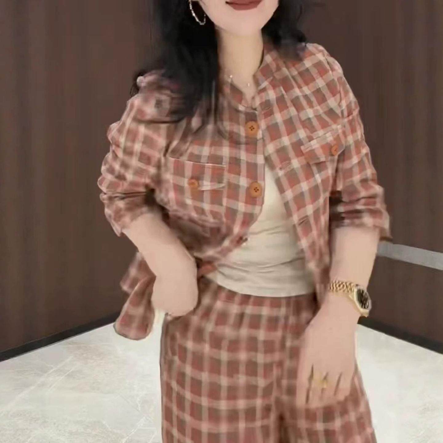 洋气格纹外套阔腿裤时尚套装