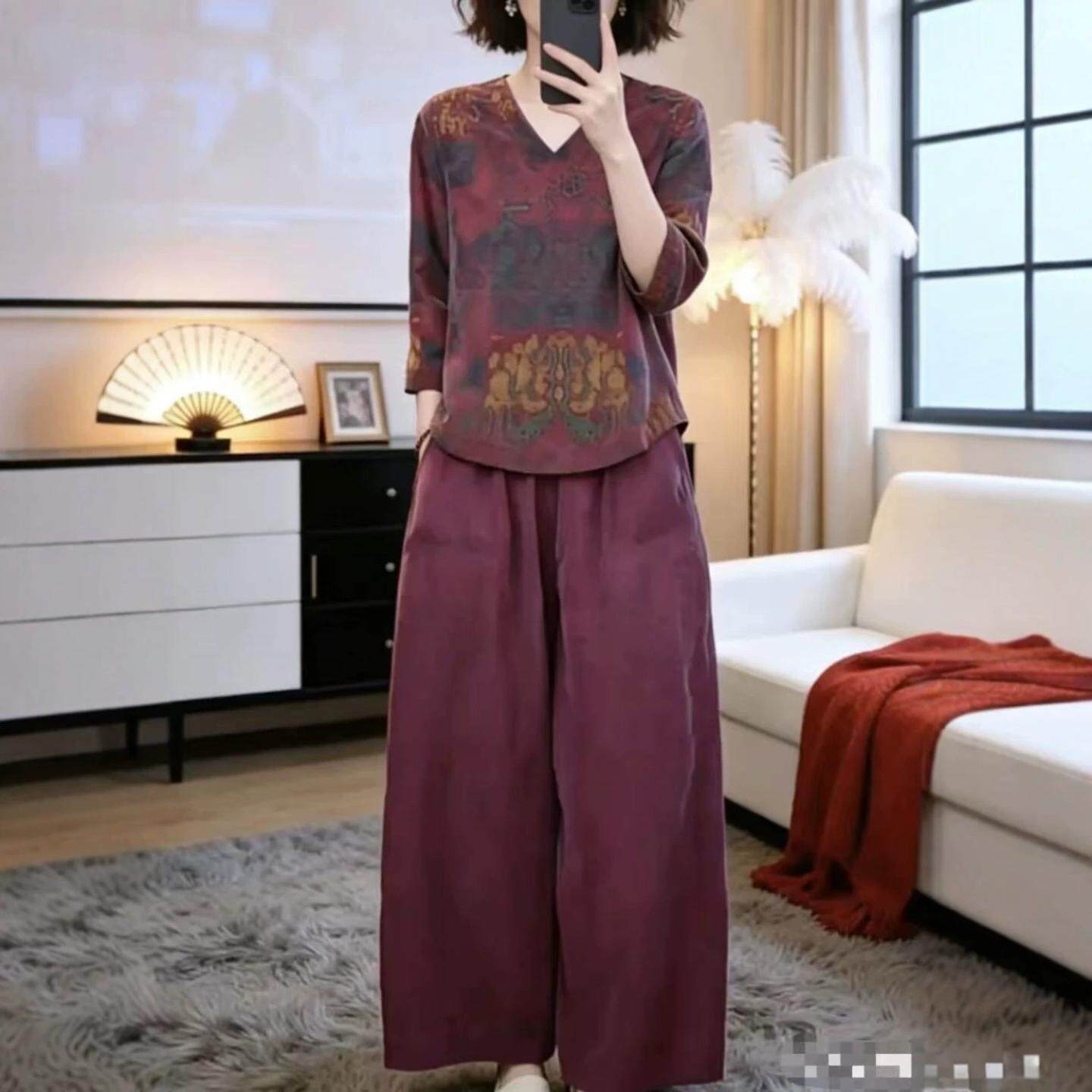 时尚洋气减龄套装2026夏季新款复古宽松显瘦休闲百搭V领上衣+裤子