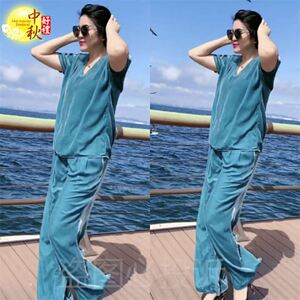 新款蓝色金丝绒短袖两件套套装女2025年春季显瘦减龄洋气时尚休闲