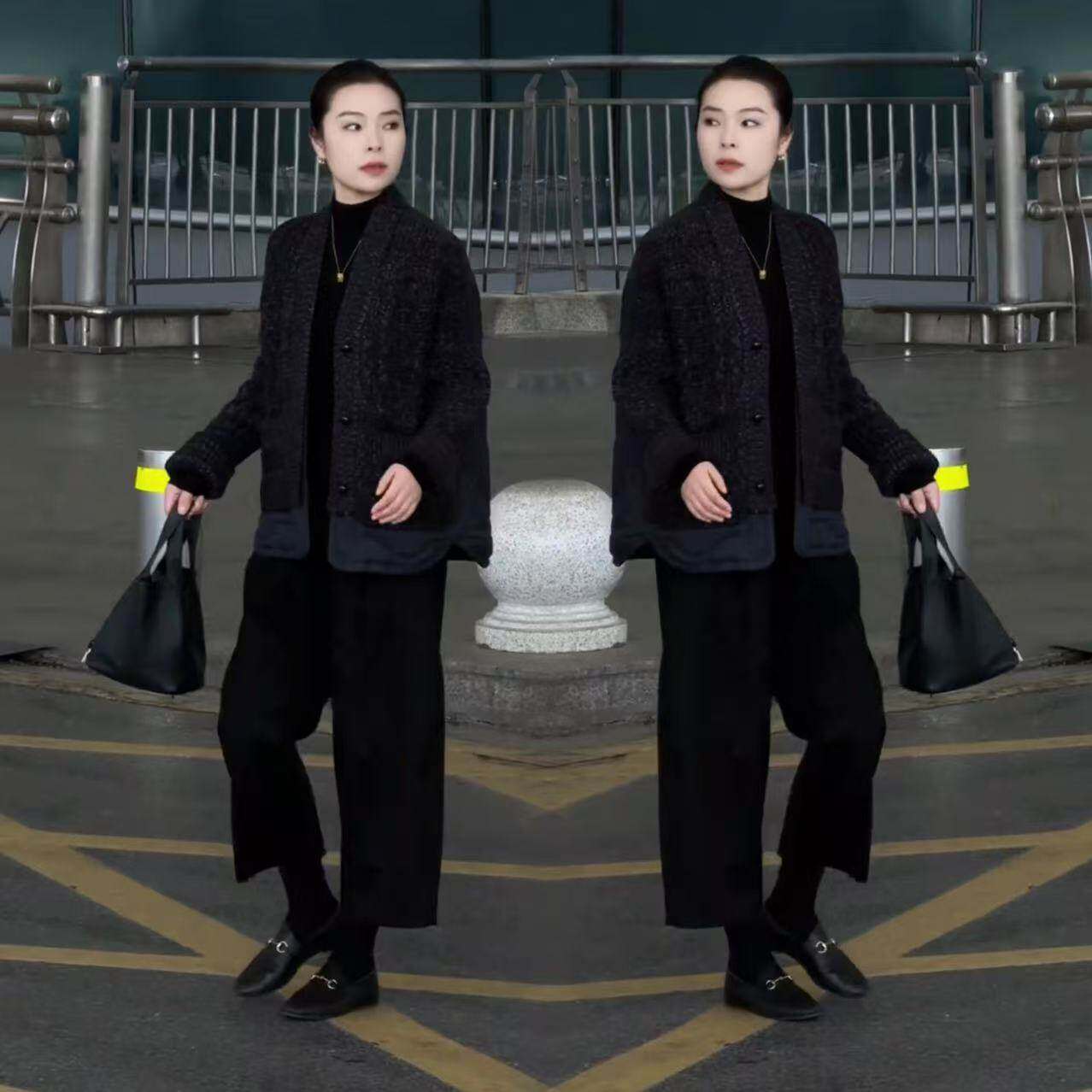 洋气针织衫女拼接上衣纹理感棉服薄款外套宽松九分阔腿裤套装胖mm