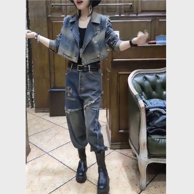 2025抖音同款秋季新款做旧毛边休闲牛仔短外套女印花撞色哈伦裤套