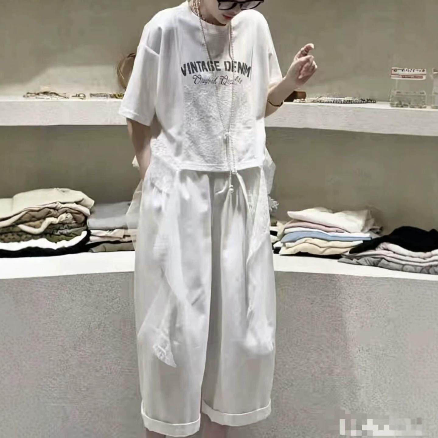 蕾丝T恤高腰纯色阔腿裤两件套