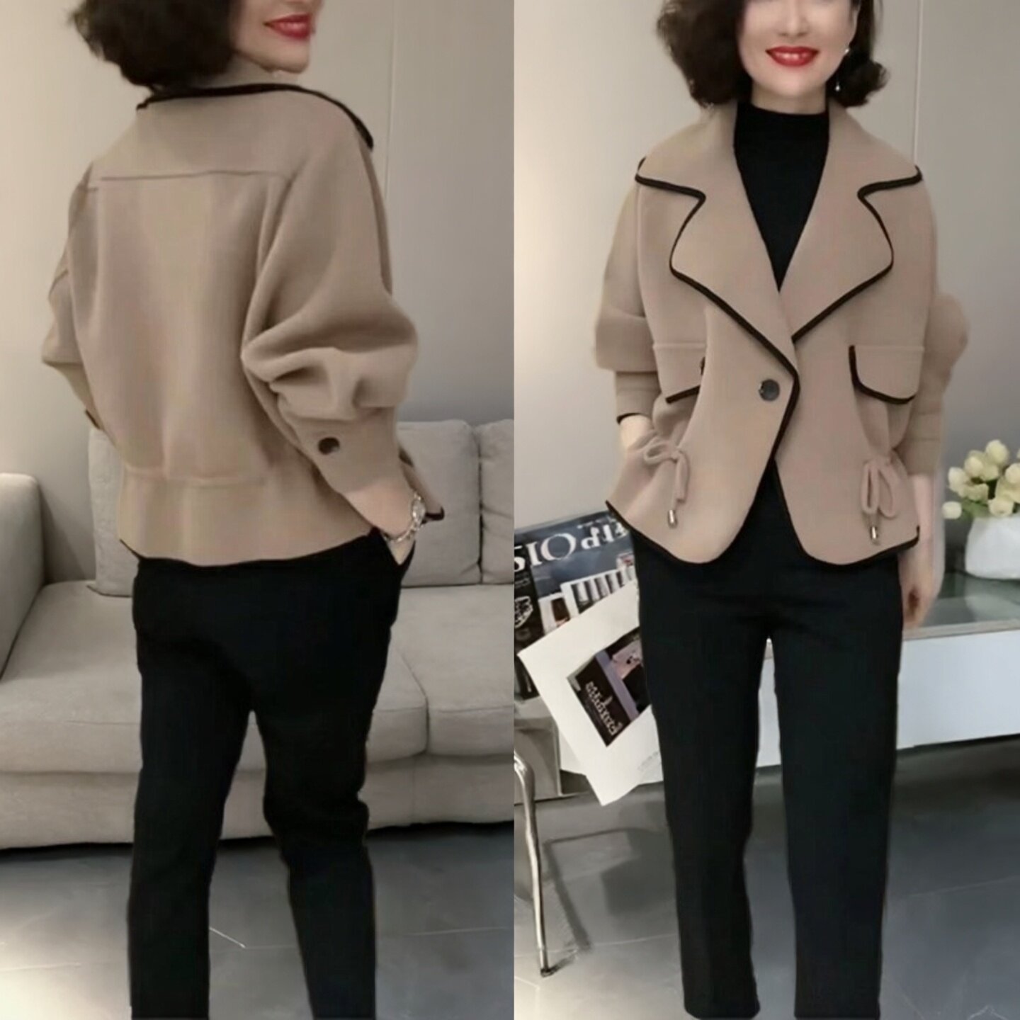 包边小西装领时尚短外套女士春秋款长袖抽绳收腰百搭洋气开衫上衣