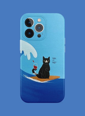 冲浪猫咪手机壳适用iPhone15promax苹果14菲林13可爱17蓝色16华为mate60荣耀P70小米vivox200s一加opporeno12