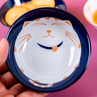 可爱喜庆招财猫小碗家用釉下彩陶瓷儿童碗餐具绿色树叶调料醋 日式