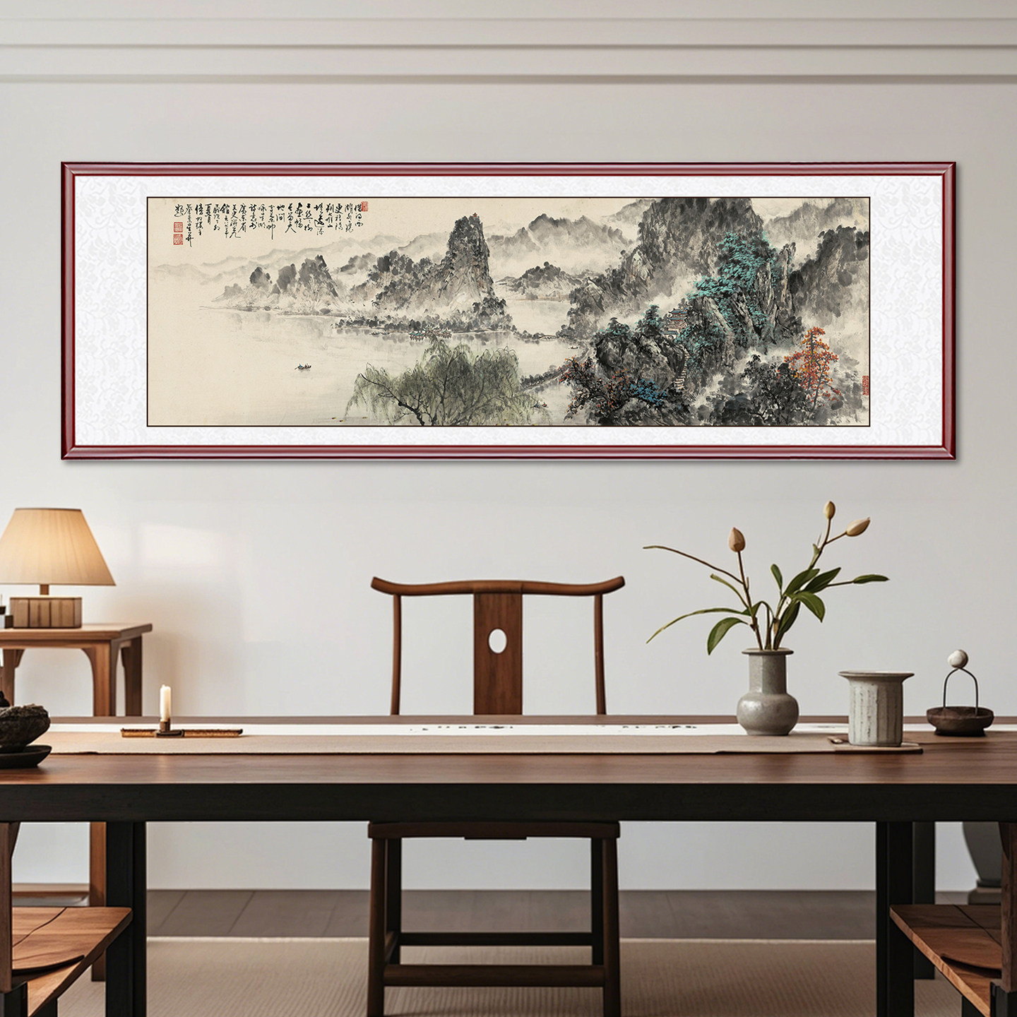 《借问西湖》中式实木框客厅装饰画办公室挂画高档国画宣纸山水画