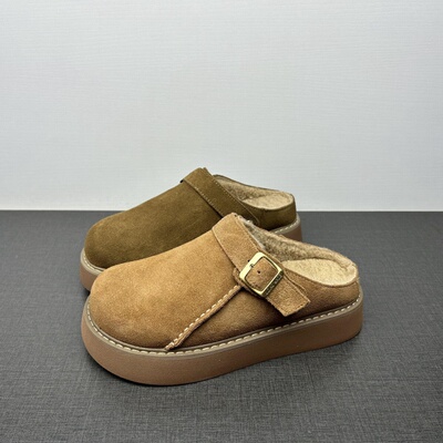 专柜撤柜处理真皮加绒勃肯鞋冬季新款厚底轻便磨砂皮包头棉拖鞋女