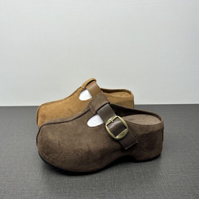 撤柜处理绒面皮勃肯鞋女2025新款厚底包头半拖鞋增高懒人鞋外穿鞋