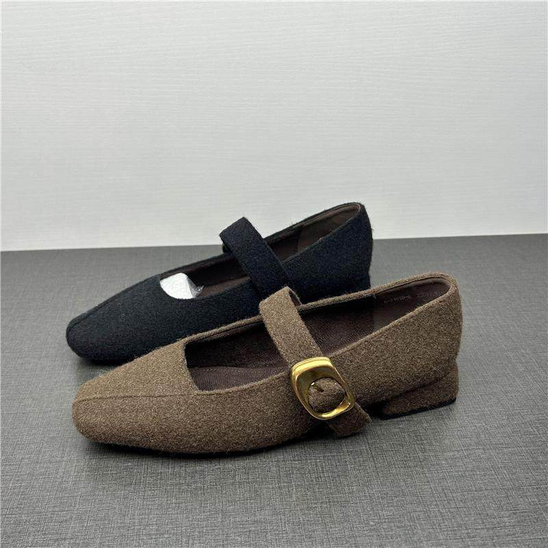 商场撤柜断码处理女鞋春季新款方头一字带浅口百搭低跟毛毛单鞋女