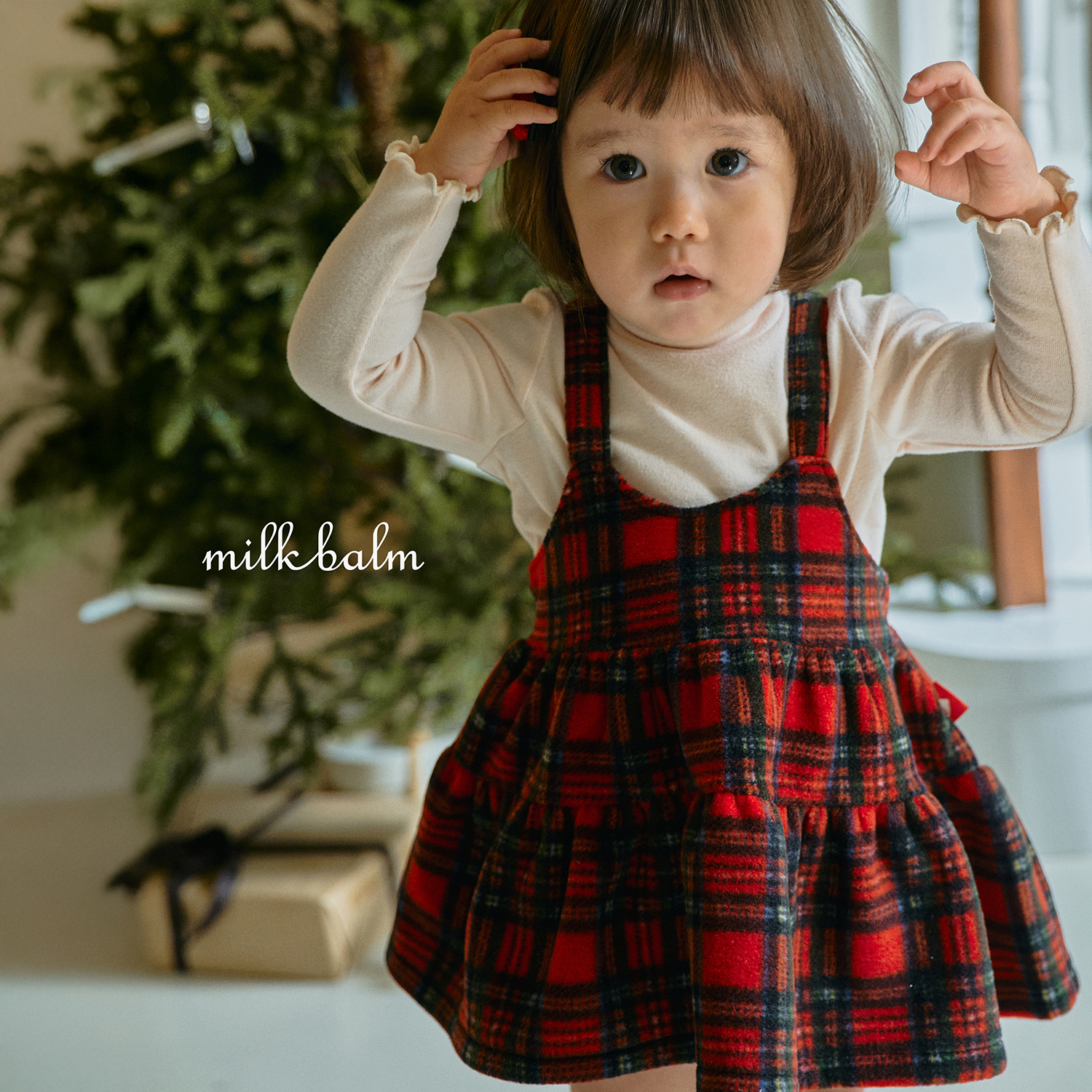 韩国童装代购MILKBALM冬女小童宝宝可爱圆点条格新年背带裙连衣裙