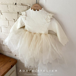代购 韩国童装 aosta秋女婴小童宝宝棉软甜美公主网纱菲边裙连衣裙