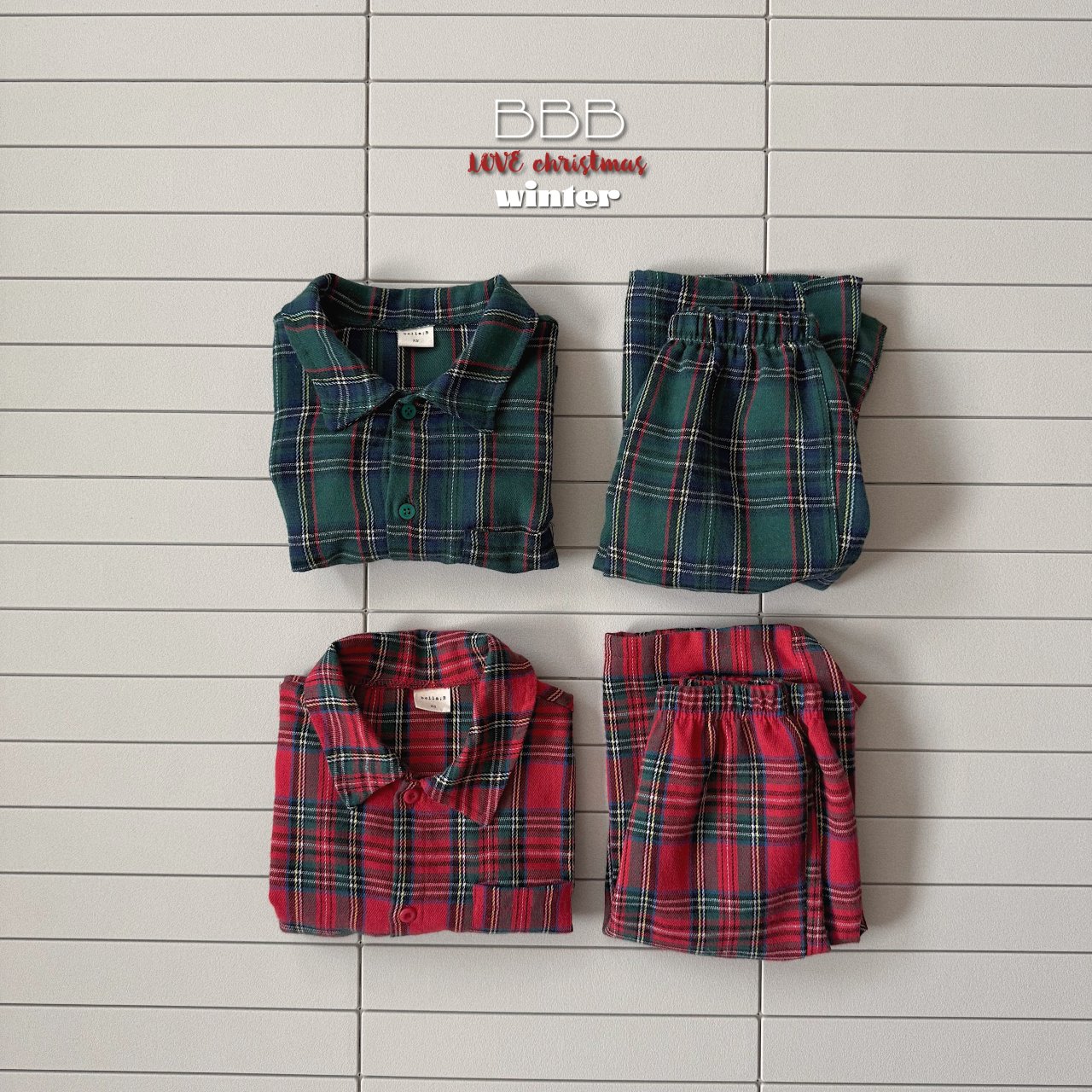 韩国童装代购BELLA冬男女婴小童宝宝可爱圣诞条格翻领家居服套装