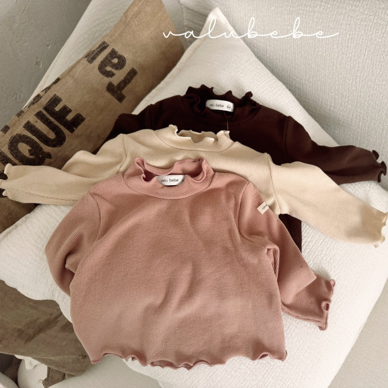 韩国童装代购VALU BEBE冬女婴童宝宝个性百搭纯色木耳边打底衫T恤