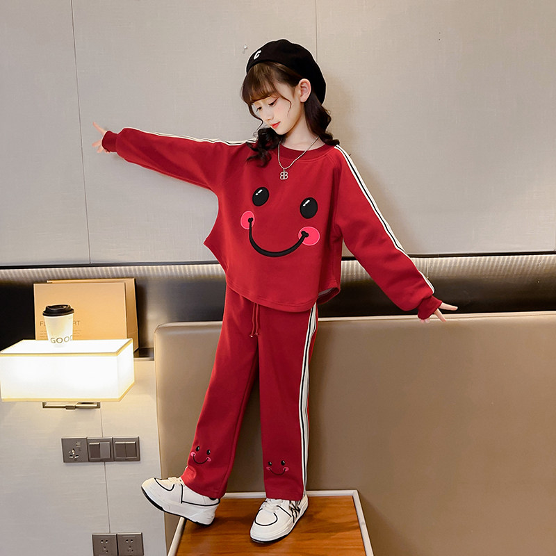 女孩笑脸卫衣女童春装套装炸街圆弧下摆儿童阔腿裤红色休闲两件套