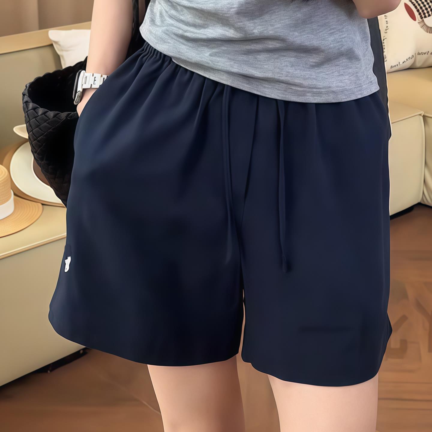 天丝亚麻休闲短裤女2025夏季新款刺绣松紧腰宽松大码高腰外穿裤子